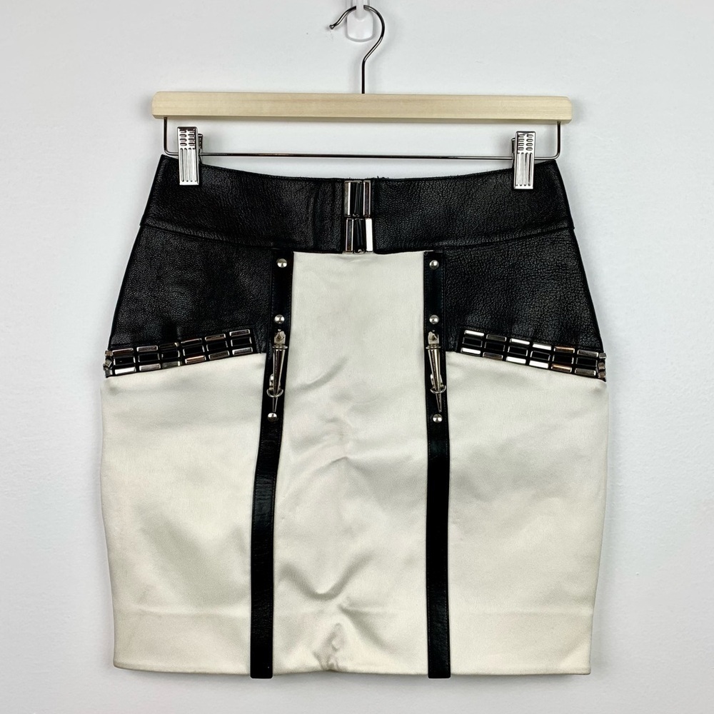 Anthony Vaccarello Leather Skirt White Black Hardware Rockstar Sz 36 France READ